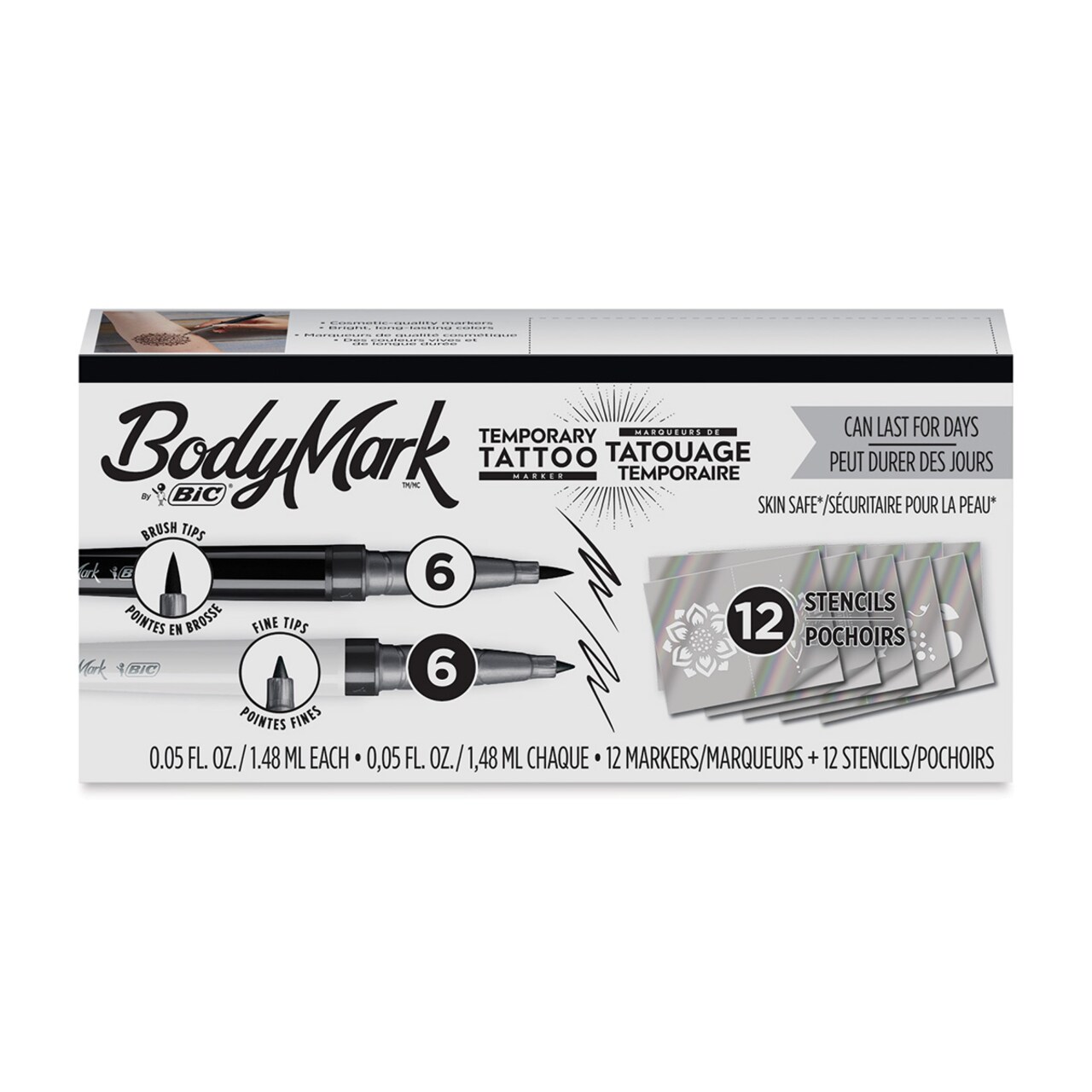 Bic BodyMark Mixed Tip Temporary Tattoo Markers - Set of 12, Black
